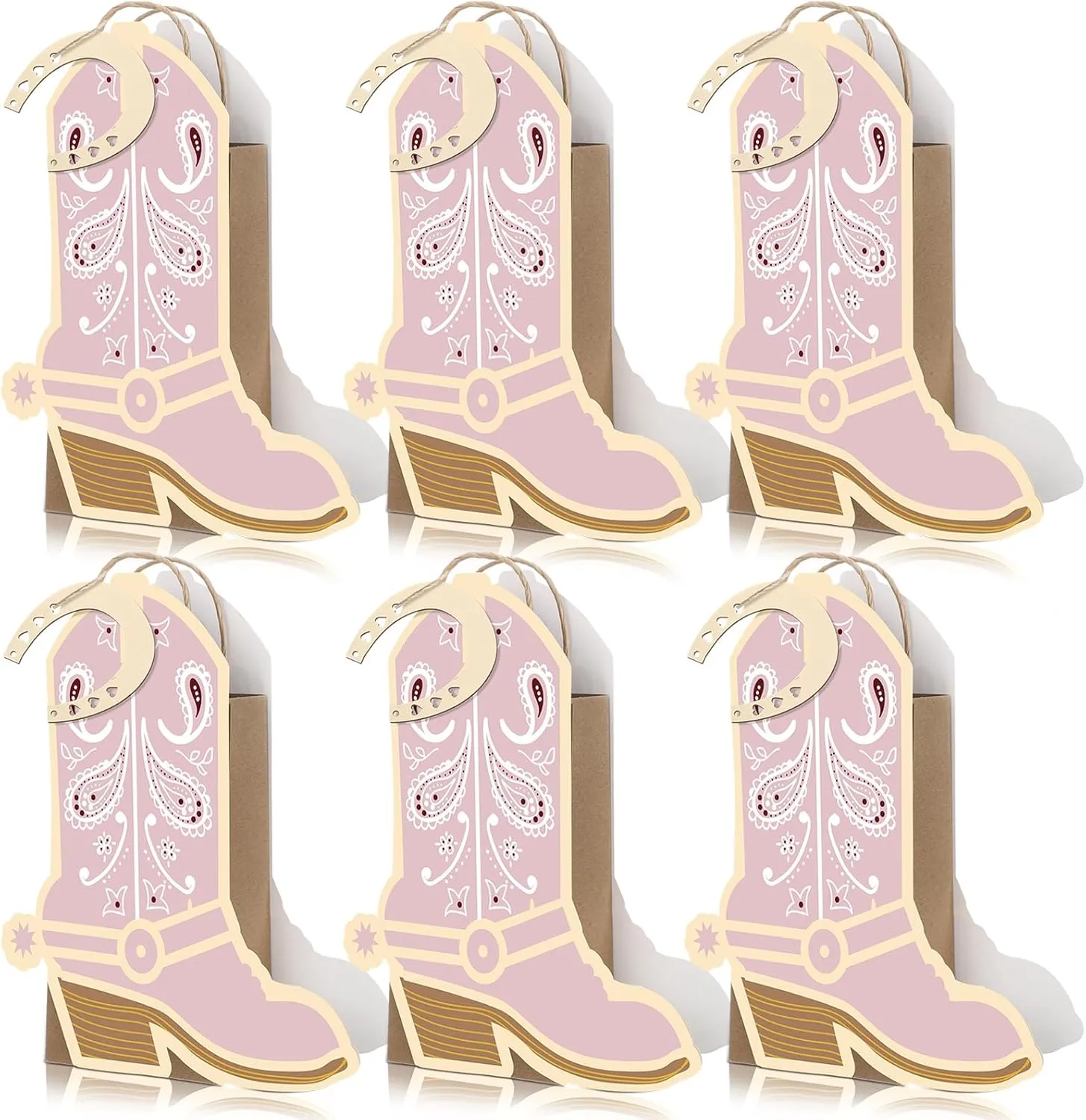 Kolldenn 12 Pcs Western Cowboy Cowgirl Boot Paper Bag with Handle 12 Wood Horseshoe Cutout Rodeo Wild West Party Favor Gift Goodie Candy Treat Bag for Last Rodeo Bachelorette Birthday Supplies(Pink)