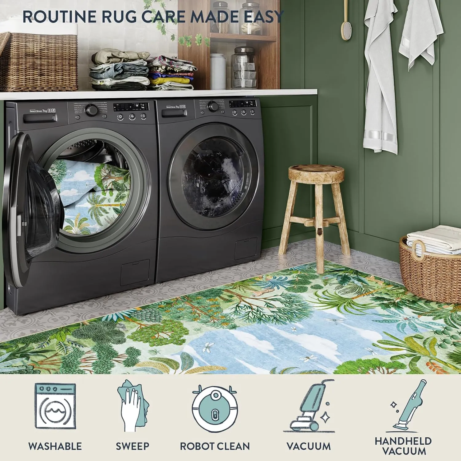 Lahome Summer Jungle Rug, Green 8x10 Rugs for Living Room Bedroom Large Washable Area Rug, Stain Resistant Forest Dining Room Rug Non Slip Non Shedding Indoor Carpet for Playroom Home Office