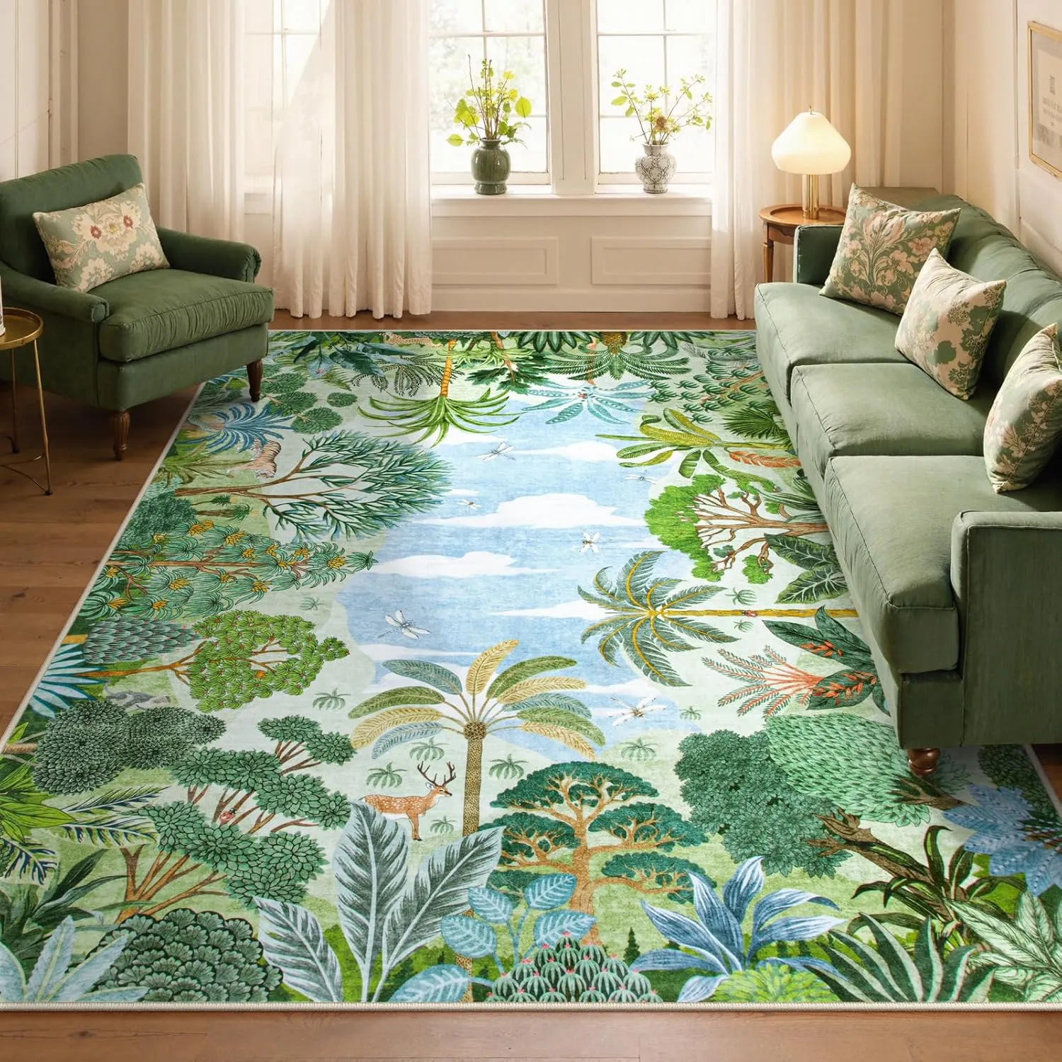 Lahome Summer Jungle Rug, Green 8x10 Rugs for Living Room Bedroom Large Washable Area Rug, Stain Resistant Forest Dining Room Rug Non Slip Non Shedding Indoor Carpet for Playroom Home Office