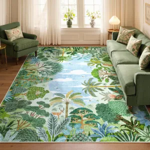 Lahome Summer Jungle Rug, Green 8x10 Rugs for Living Room Bedroom Large Washable Area Rug, Stain Resistant Forest Dining Room Rug Non Slip Non Shedding Indoor Carpet for Playroom Home Office