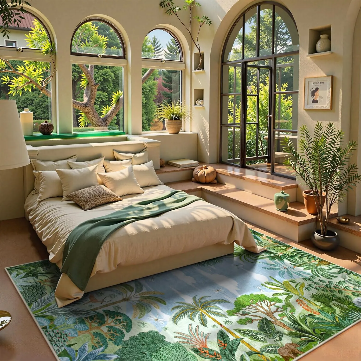 Lahome Summer Jungle Rug, Green 8x10 Rugs for Living Room Bedroom Large Washable Area Rug, Stain Resistant Forest Dining Room Rug Non Slip Non Shedding Indoor Carpet for Playroom Home Office