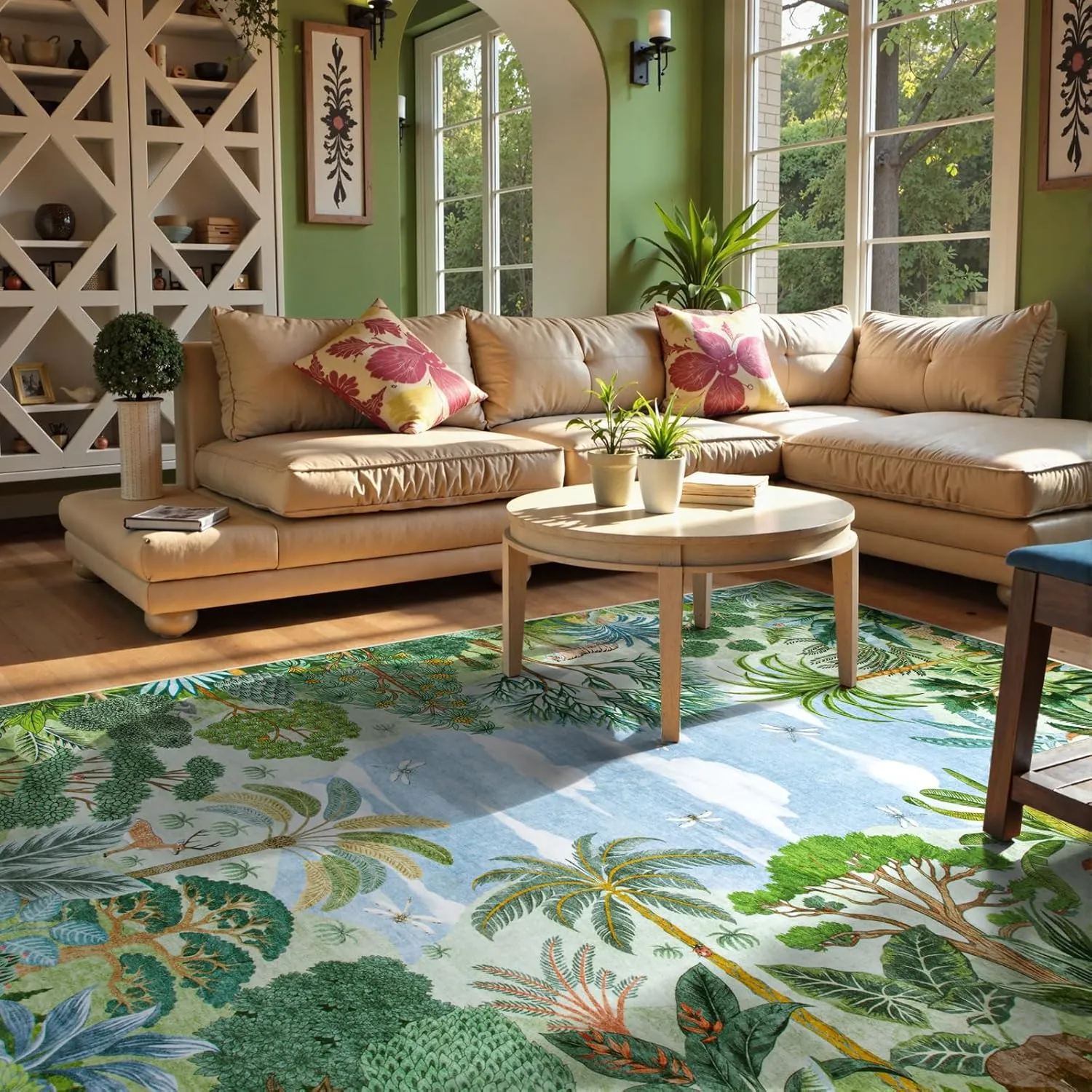 Lahome Summer Jungle Rug, Green 8x10 Rugs for Living Room Bedroom Large Washable Area Rug, Stain Resistant Forest Dining Room Rug Non Slip Non Shedding Indoor Carpet for Playroom Home Office