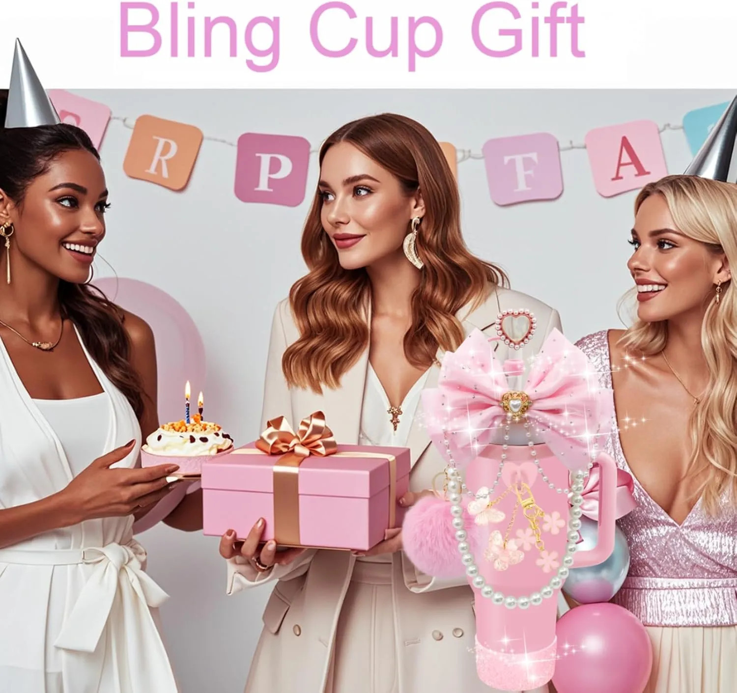 LBU Bling Stanley Cup Accessories for 40/30/20 oz Tumbler with Handle Including Glitter Bow Straw Topper, Heart Straw Cover, Pearl Water Bottle Handle Strap, Boot, Pom-Pom, Keychain Charms(Pink)
