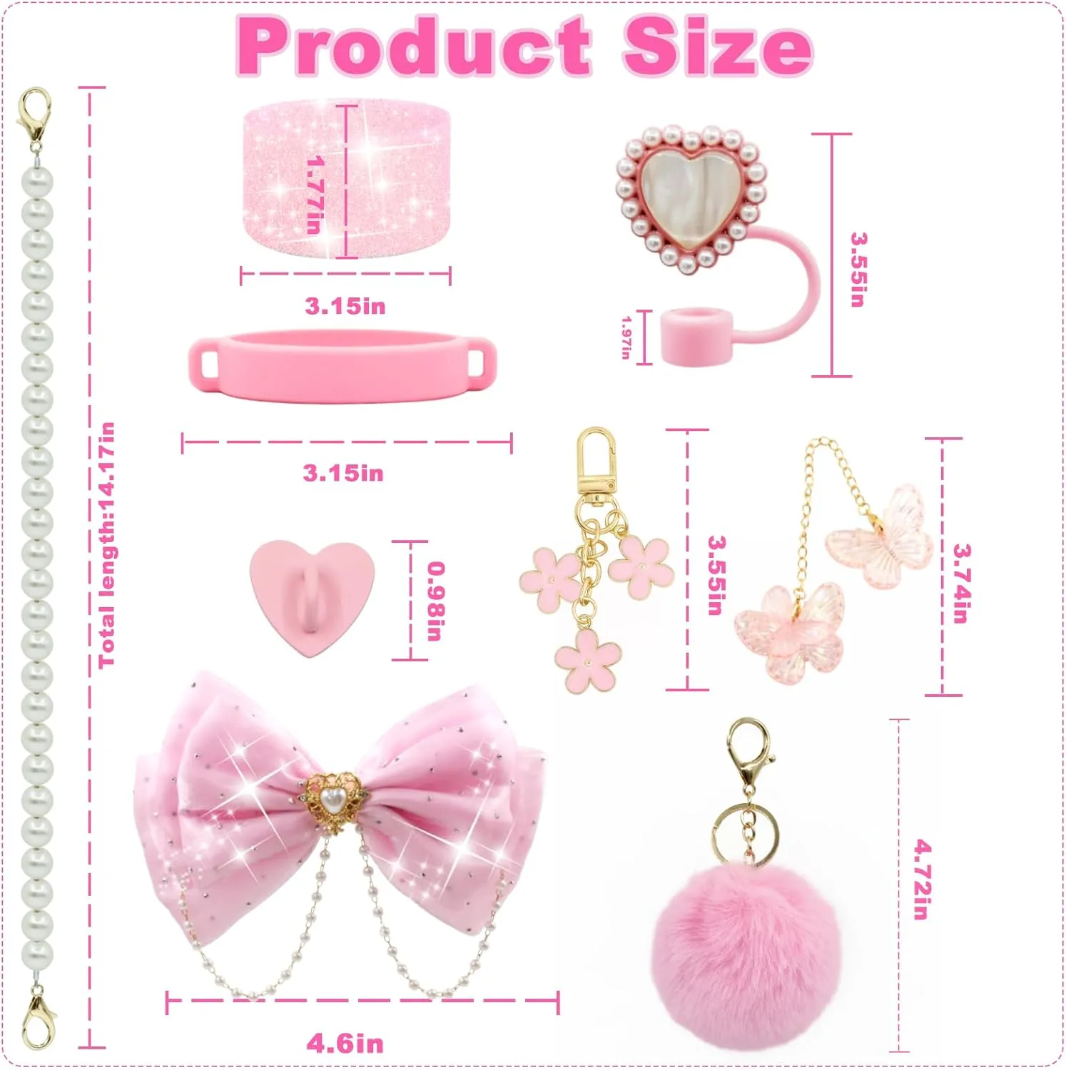 LBU Bling Stanley Cup Accessories for 40/30/20 oz Tumbler with Handle Including Glitter Bow Straw Topper, Heart Straw Cover, Pearl Water Bottle Handle Strap, Boot, Pom-Pom, Keychain Charms(Pink)