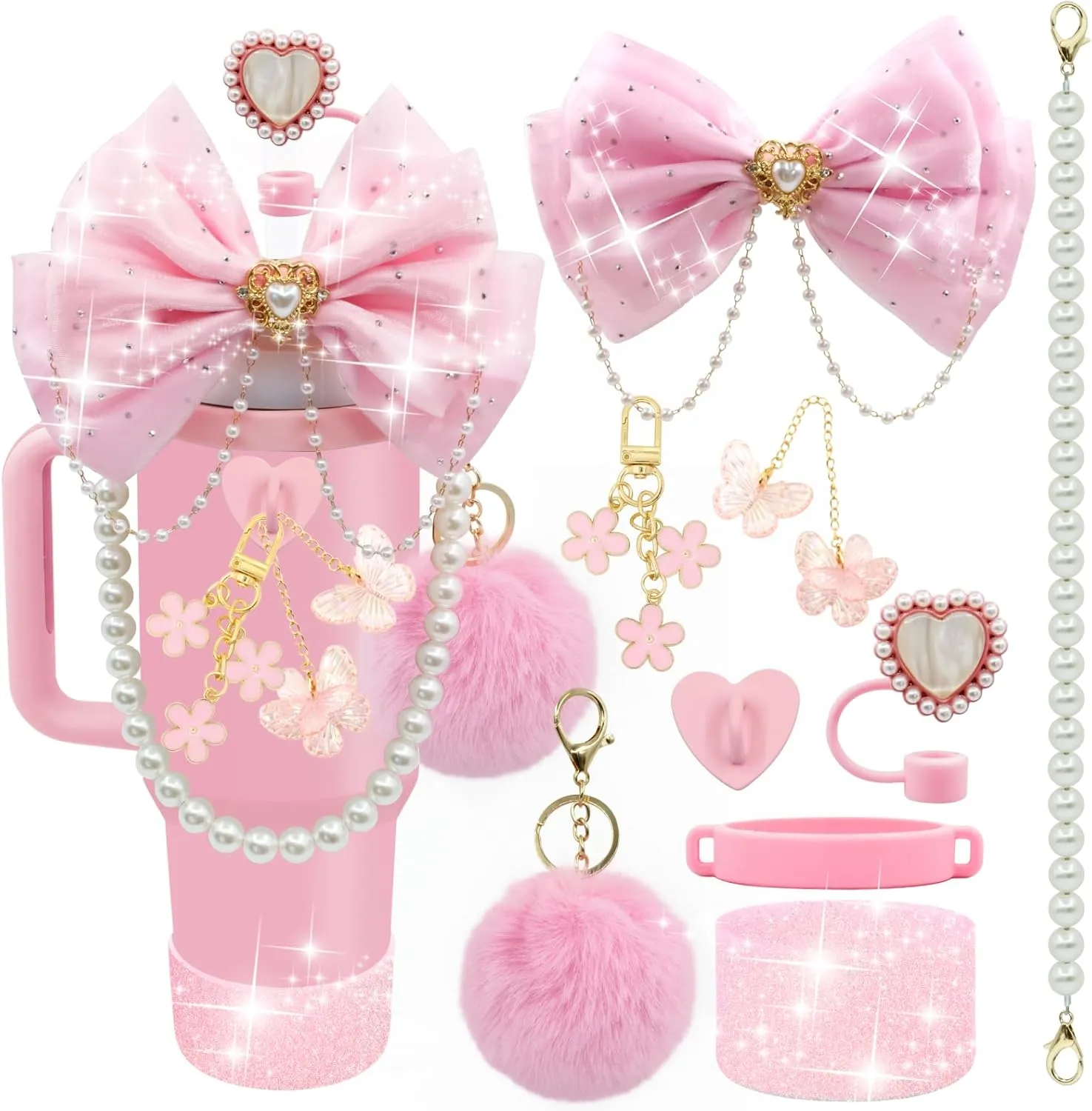 LBU Bling Stanley Cup Accessories for 40/30/20 oz Tumbler with Handle Including Glitter Bow Straw Topper, Heart Straw Cover, Pearl Water Bottle Handle Strap, Boot, Pom-Pom, Keychain Charms(Pink)