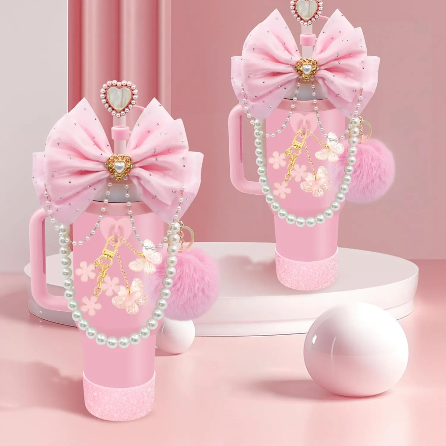 LBU Bling Stanley Cup Accessories for 40/30/20 oz Tumbler with Handle Including Glitter Bow Straw Topper, Heart Straw Cover, Pearl Water Bottle Handle Strap, Boot, Pom-Pom, Keychain Charms(Pink)