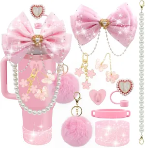 LBU Bling Stanley Cup Accessories for 40/30/20 oz Tumbler with Handle Including Glitter Bow Straw Topper, Heart Straw Cover, Pearl Water Bottle Handle Strap, Boot, Pom-Pom, Keychain Charms(Pink)