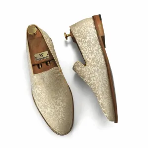 Light Biege and Self Embroidery Loafer Mojari Slipon for Men