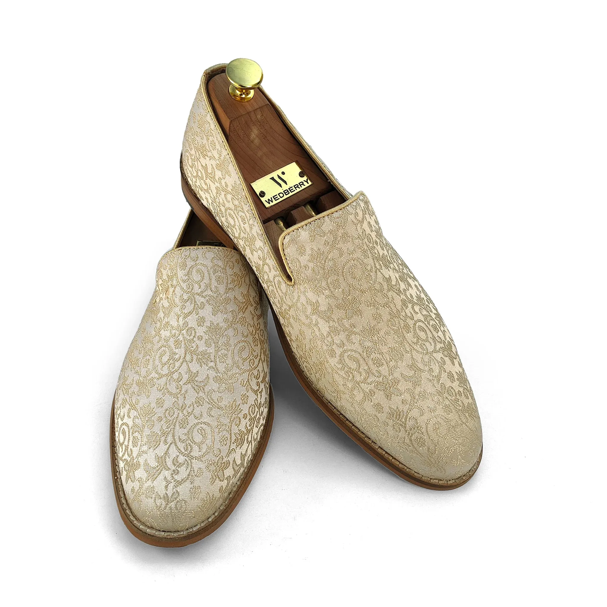 Light Biege and Self Embroidery Loafer Mojari Slipon for Men