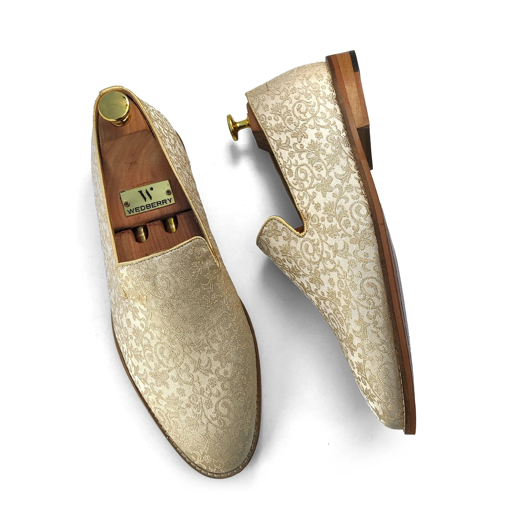Light Biege and Self Embroidery Loafer Mojari Slipon for Men