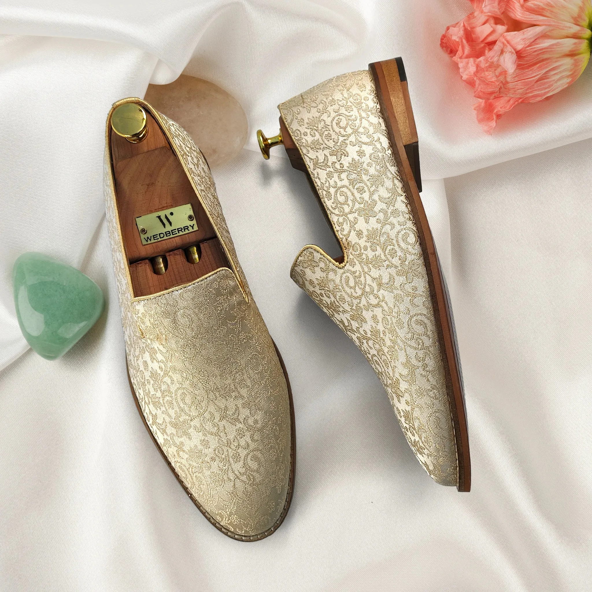 Light Biege and Self Embroidery Loafer Mojari Slipon for Men