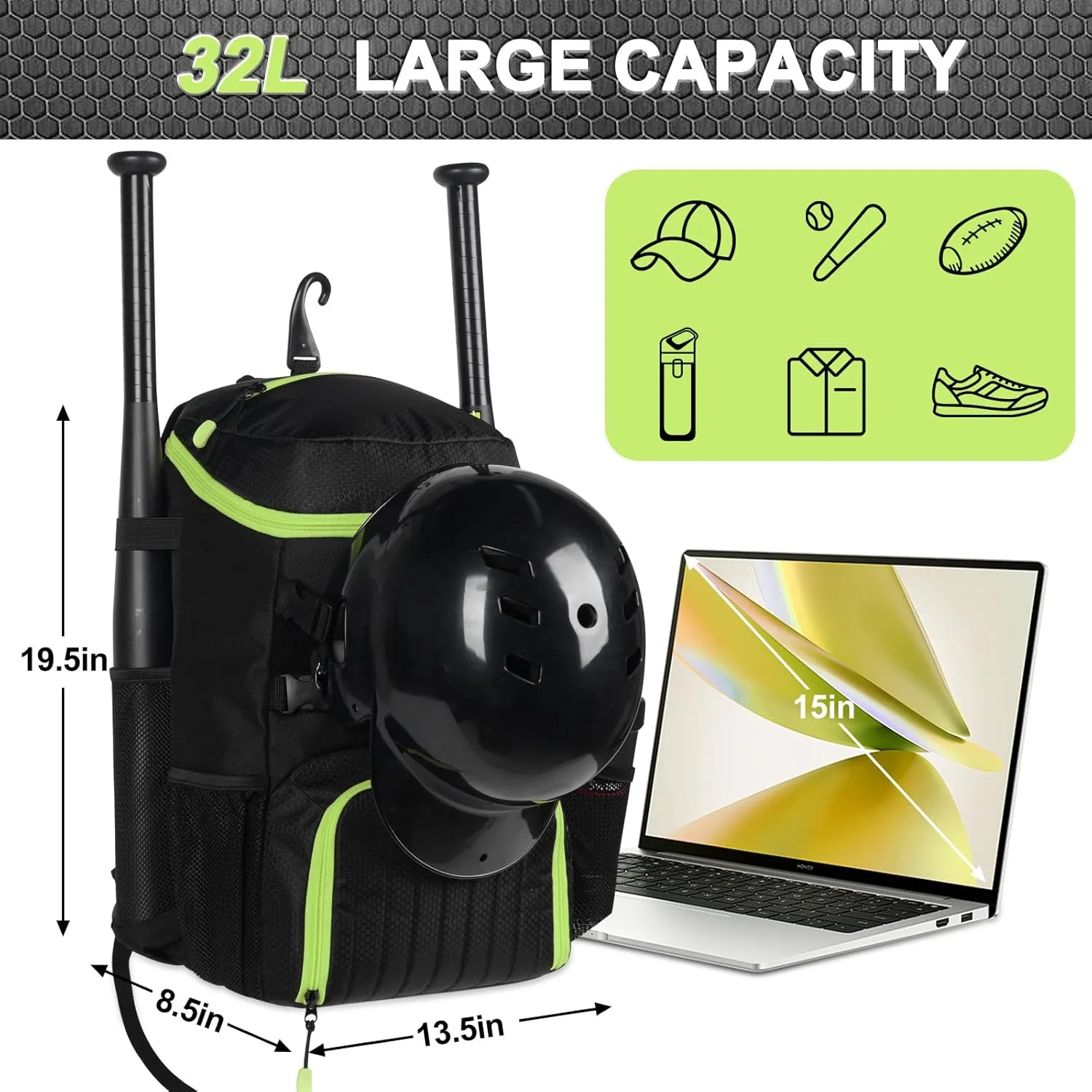 Lightweight Baseball Bat Backpack with Shoe Compartment, Softball Gift for Women with Fence Hook & Batting Glove, Helmet | Multiple Colors