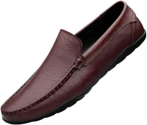 Loafers for Men Lightweight Slip-on Anti-Slip Resistant Simple Round Toe Solid Color Leather Loafers