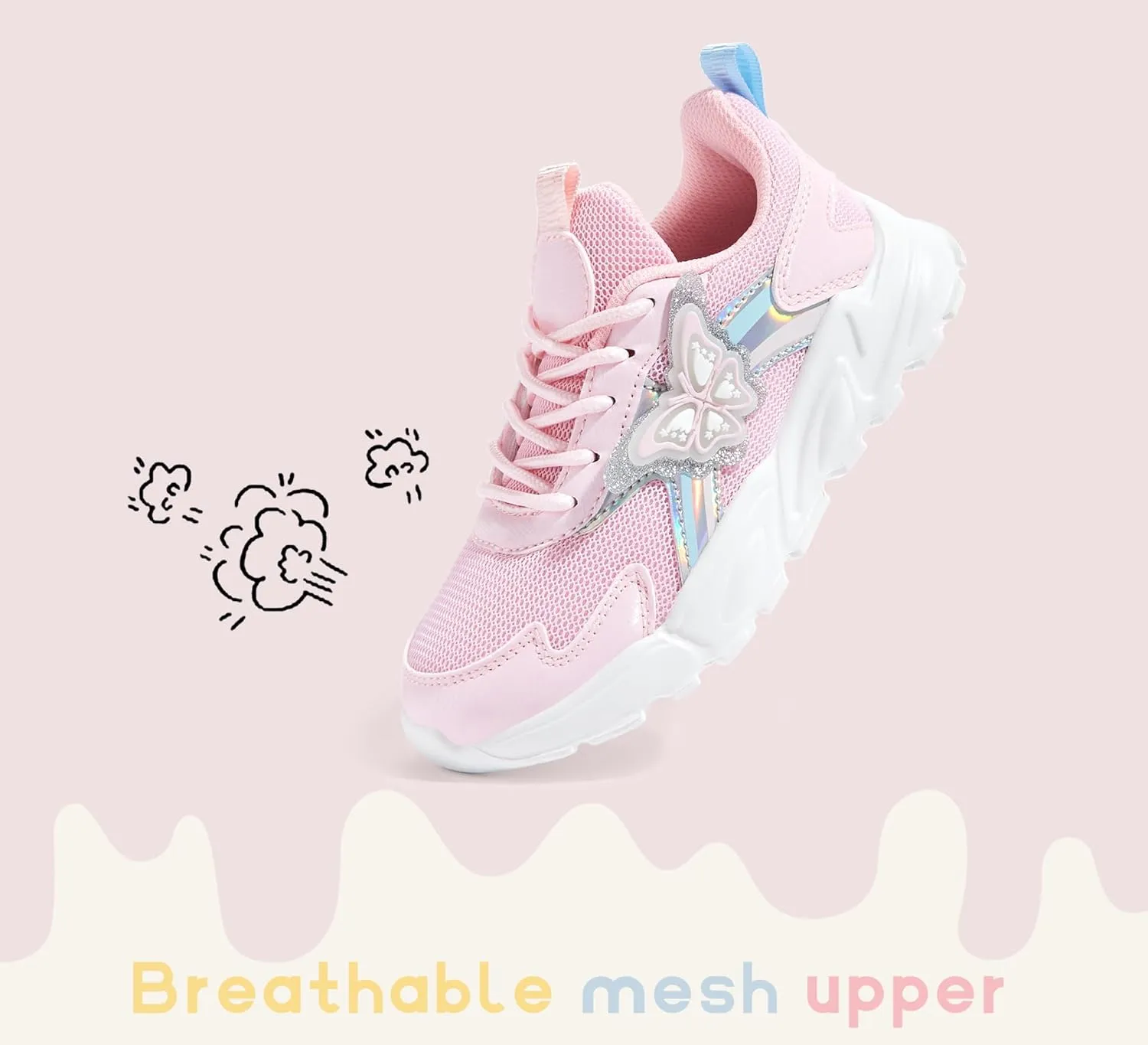 LUCKY STEP Girls Kid's Butterfly Running Sneaker Tennis Sparkle Mesh Athletic School Gym Lace-up Walking Shoes for Toddler/Little Kid/Big Kid