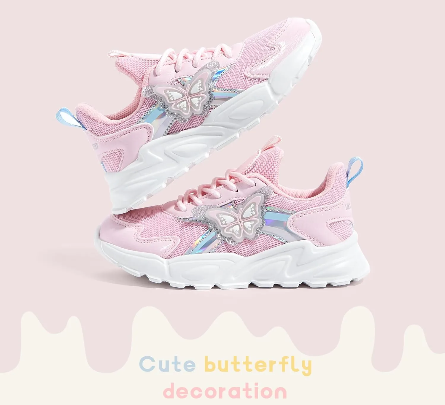 LUCKY STEP Girls Kid's Butterfly Running Sneaker Tennis Sparkle Mesh Athletic School Gym Lace-up Walking Shoes for Toddler/Little Kid/Big Kid
