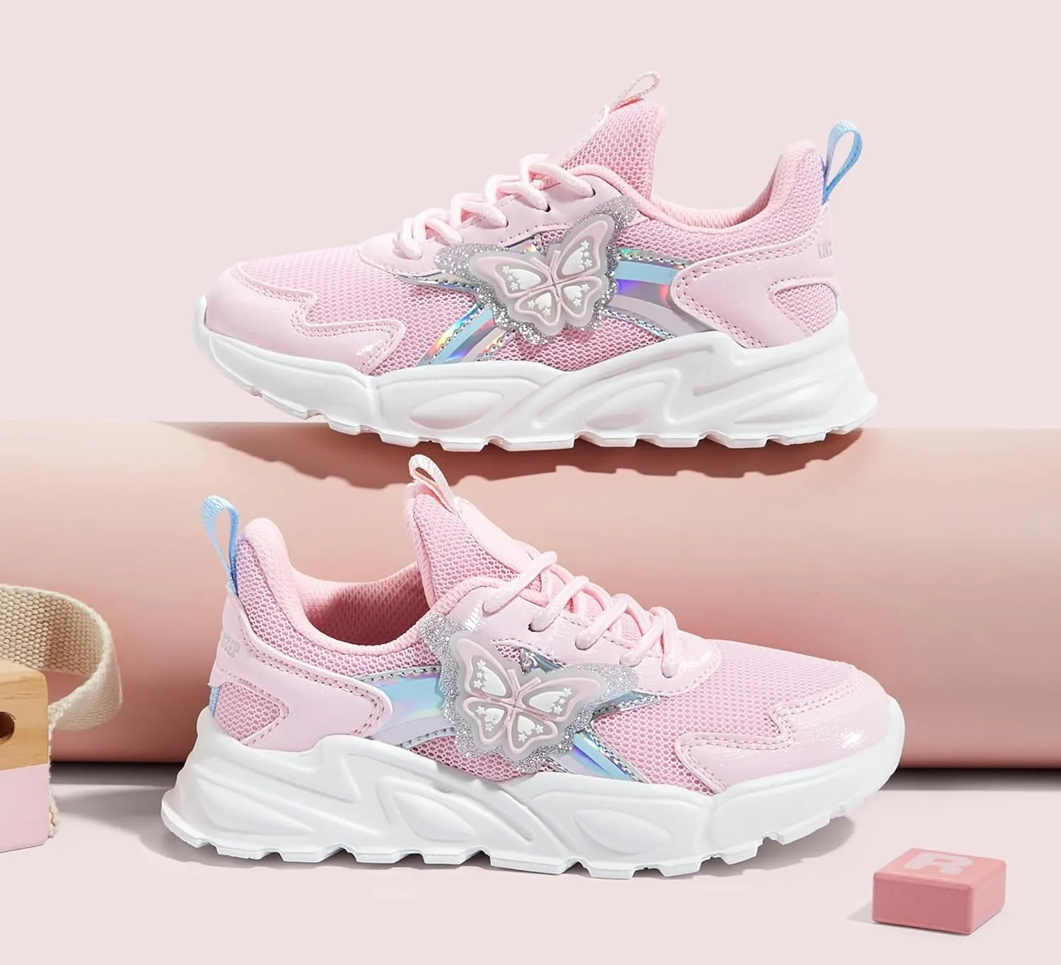 LUCKY STEP Girls Kid's Butterfly Running Sneaker Tennis Sparkle Mesh Athletic School Gym Lace-up Walking Shoes for Toddler/Little Kid/Big Kid