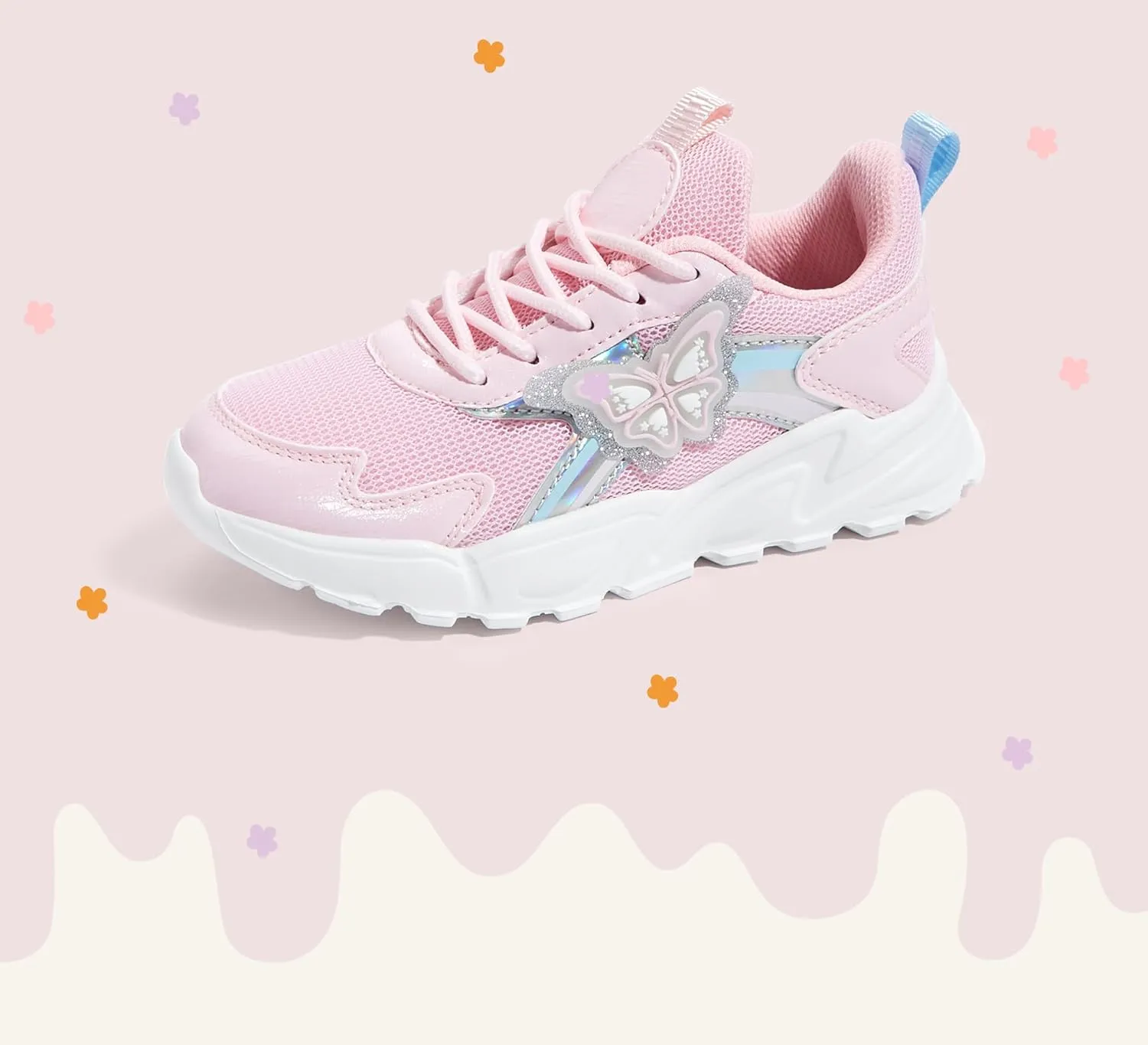 LUCKY STEP Girls Kid's Butterfly Running Sneaker Tennis Sparkle Mesh Athletic School Gym Lace-up Walking Shoes for Toddler/Little Kid/Big Kid