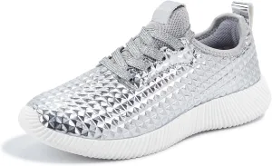 LUCKY STEP Women's Metallic Fashion Sneaker Leatherette Studded Jogger Lightweight Casual Walking Shoes