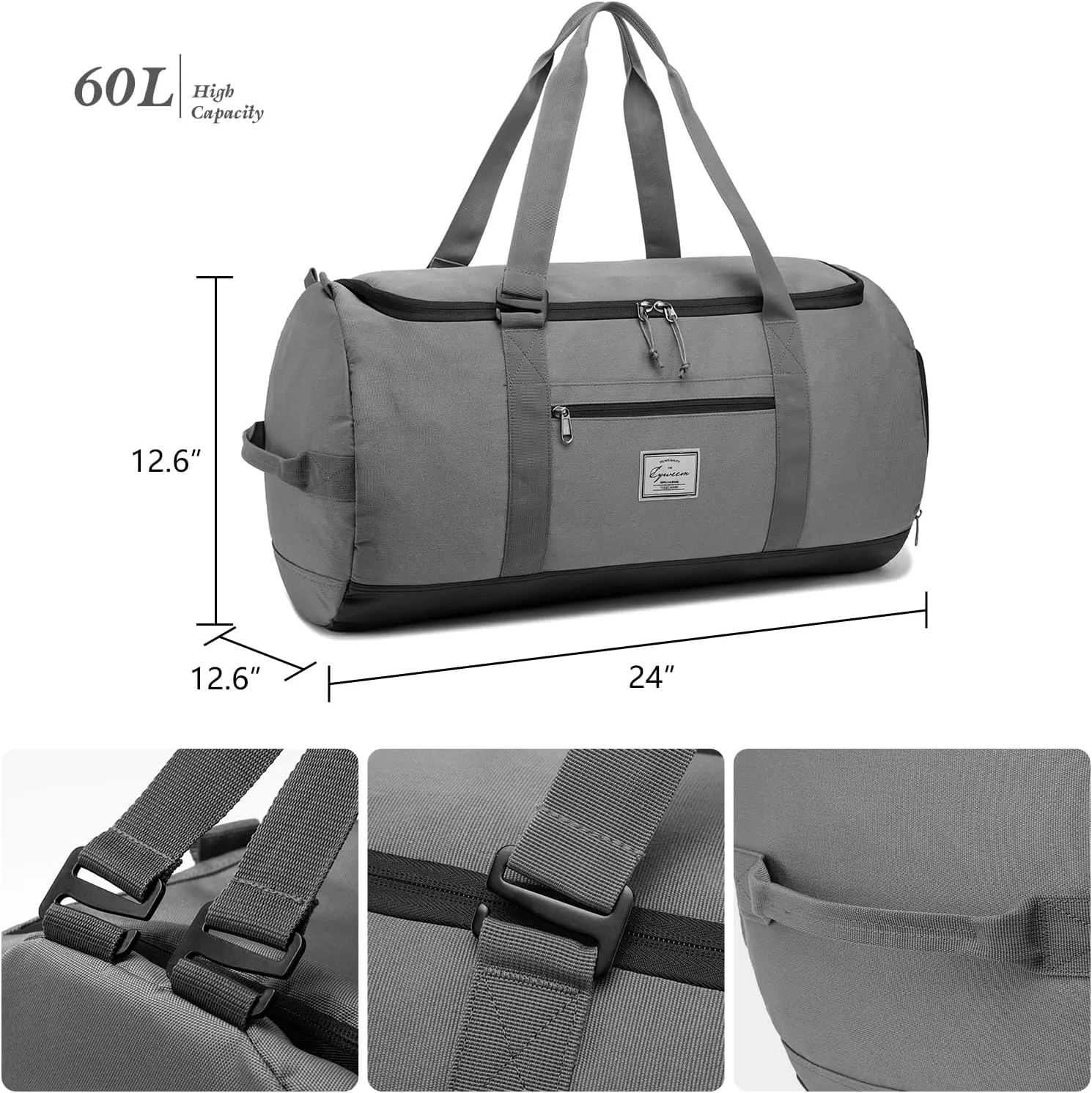 Lyweem Sports Gym Bag Men - Large 60L Travel Duffle Bag with Shoe Compartment Women, Weekender Backpack, Overnight Duffel Bag, Gray