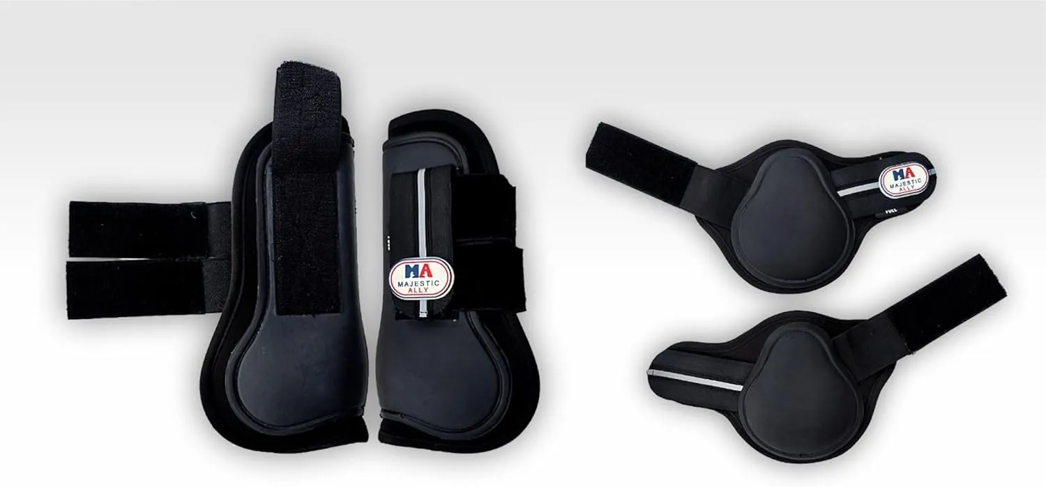 Majestic Ally Horse Leg Protection Fetlock and Tendon Boots Set, PU Shell, Neoprene Lining, Hook and Loop Closures, Multiple Colors and Sizes