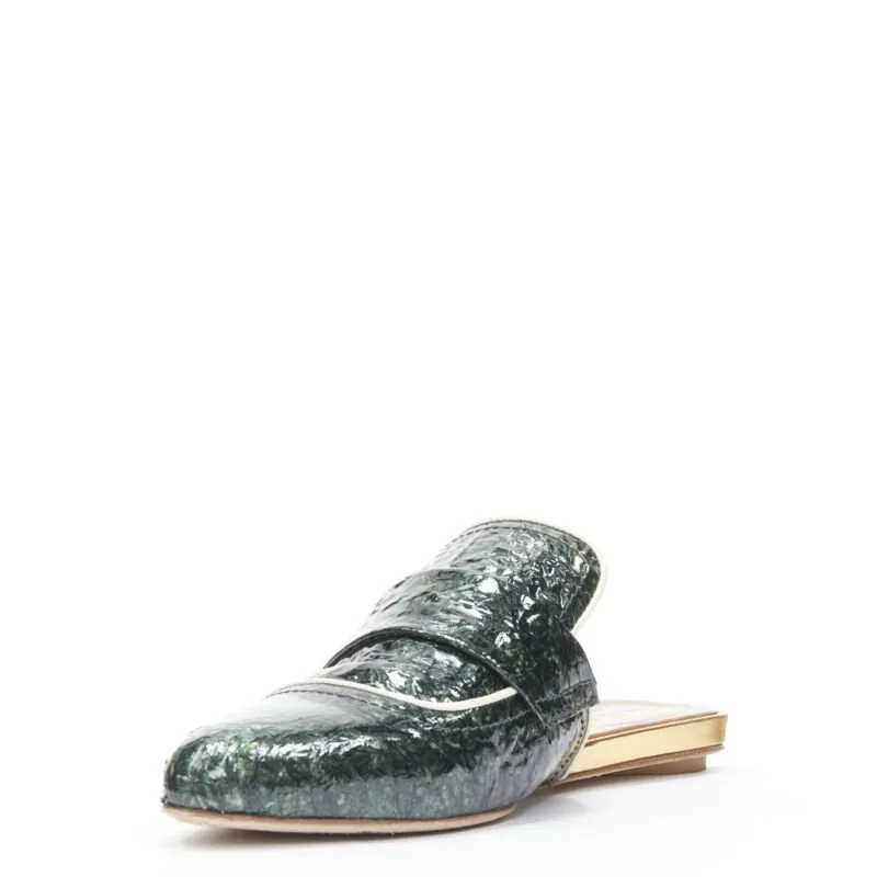 MARNI green crinkled patent point toe slip on mule flats loafer EU37.5