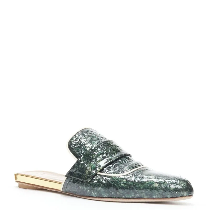 MARNI green crinkled patent point toe slip on mule flats loafer EU37.5