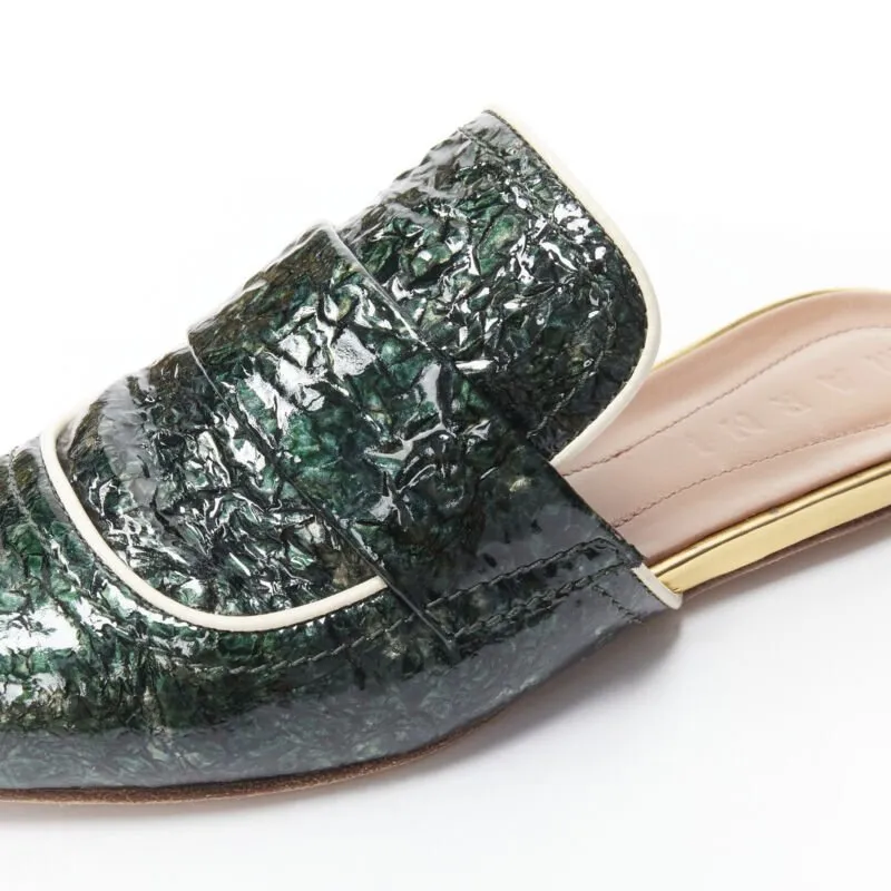 MARNI green crinkled patent point toe slip on mule flats loafer EU37.5