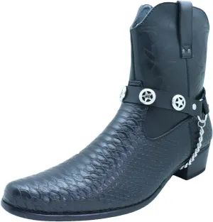 Men Biker Fashion Boot Bracelets Black Faux Leather Straps Silver Metal Chain Texas Lone Star Pair