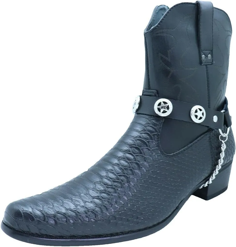 Men Biker Fashion Boot Bracelets Black Faux Leather Straps Silver Metal Chain Texas Lone Star Pair