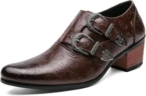Men Pointed Toe Formal Dress Leather Shoes Personality Monk-Strap Slip-On Oxford Loafer Chunky Heel Arch Support Low Top Bootie