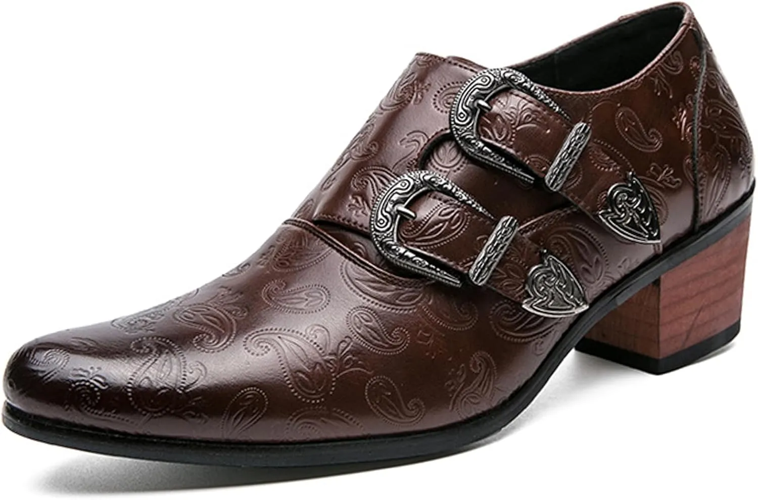 Men Pointed Toe Formal Dress Leather Shoes Personality Monk-Strap Slip-On Oxford Loafer Chunky Heel Arch Support Low Top Bootie