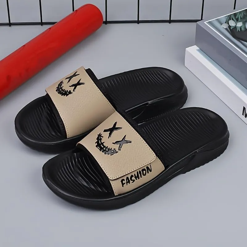 Men's Cartoon Smile Print Slip-On Slides - Soft, Non-Slip Indoor/Outdoor Slippers