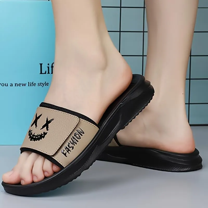Men's Cartoon Smile Print Slip-On Slides - Soft, Non-Slip Indoor/Outdoor Slippers