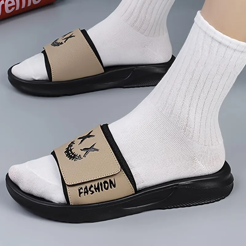 Men's Cartoon Smile Print Slip-On Slides - Soft, Non-Slip Indoor/Outdoor Slippers