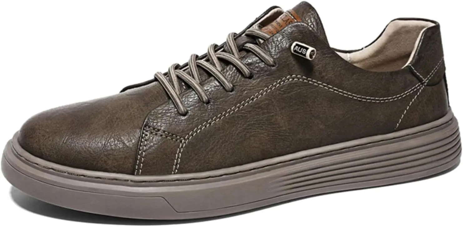 Mens Casual Slip-on Leather Sneakers with Elastic Band Classical Retro Breathable Flats Walking Oxford Shoes