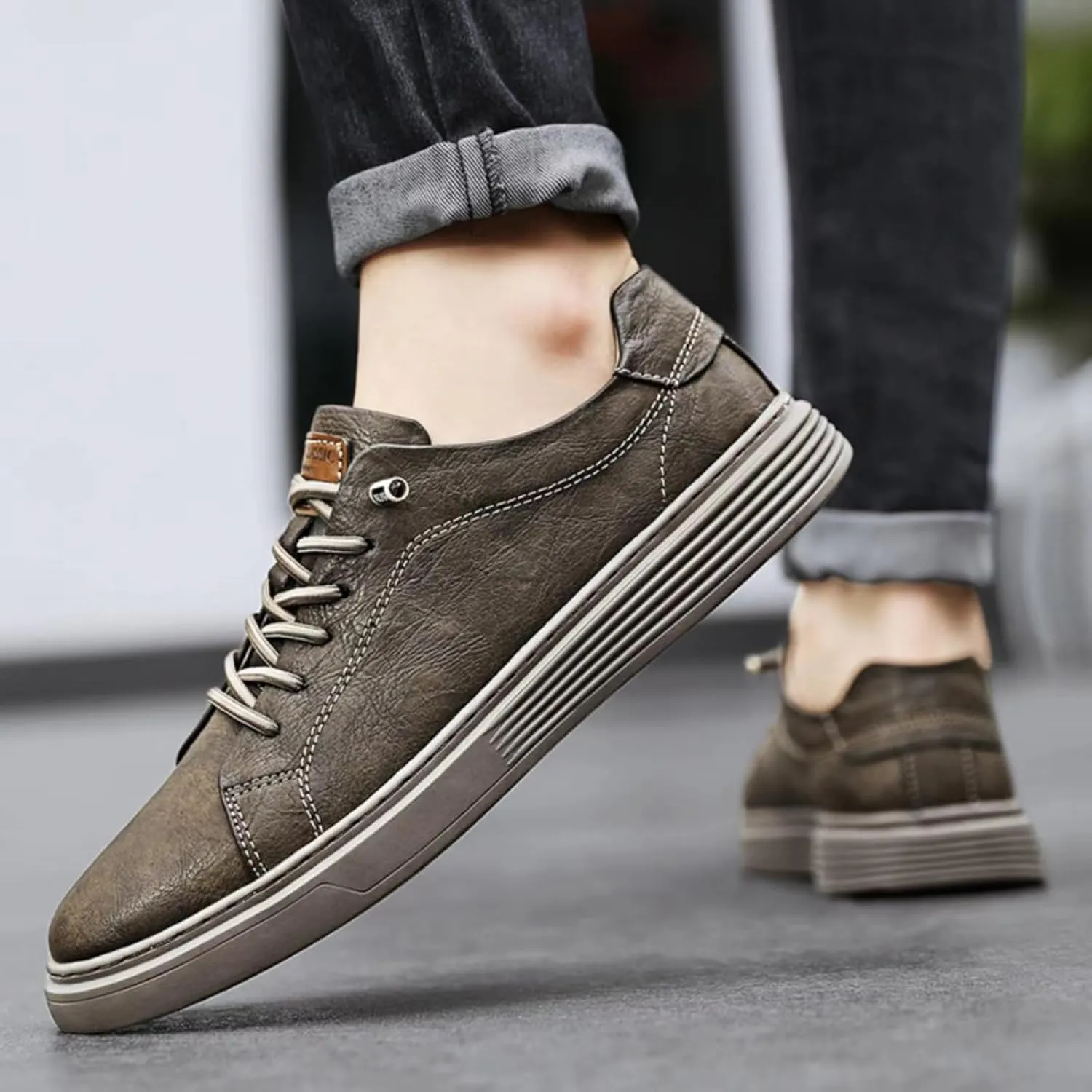 Mens Casual Slip-on Leather Sneakers with Elastic Band Classical Retro Breathable Flats Walking Oxford Shoes