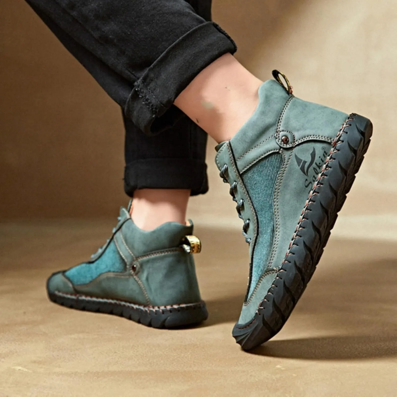 Mens Classic Handmade Leather Lace Up Non Slip Ankle Chukka Boots Casual Lightweight Round Toe High Top Walking Boat Shoes for Driving Daily Hiking