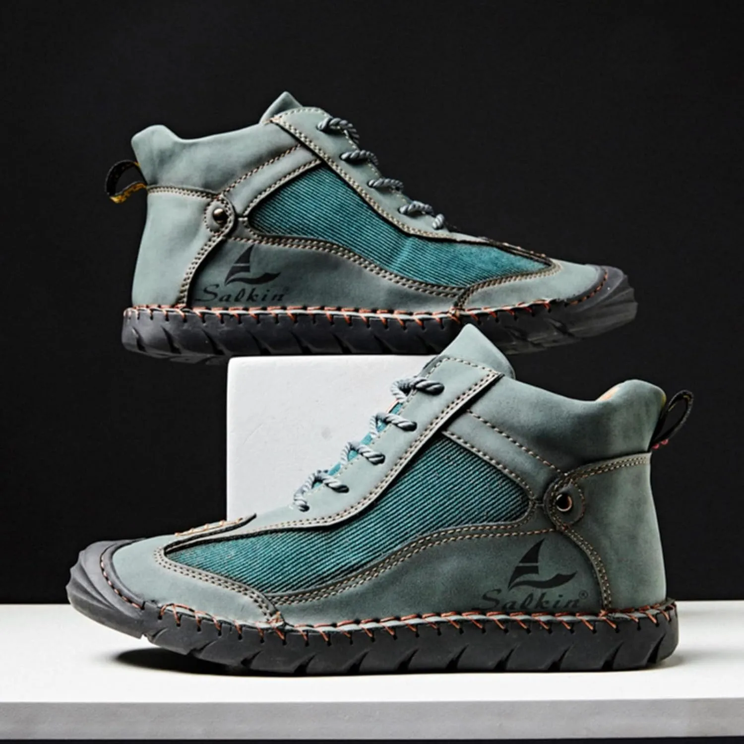 Mens Classic Handmade Leather Lace Up Non Slip Ankle Chukka Boots Casual Lightweight Round Toe High Top Walking Boat Shoes for Driving Daily Hiking