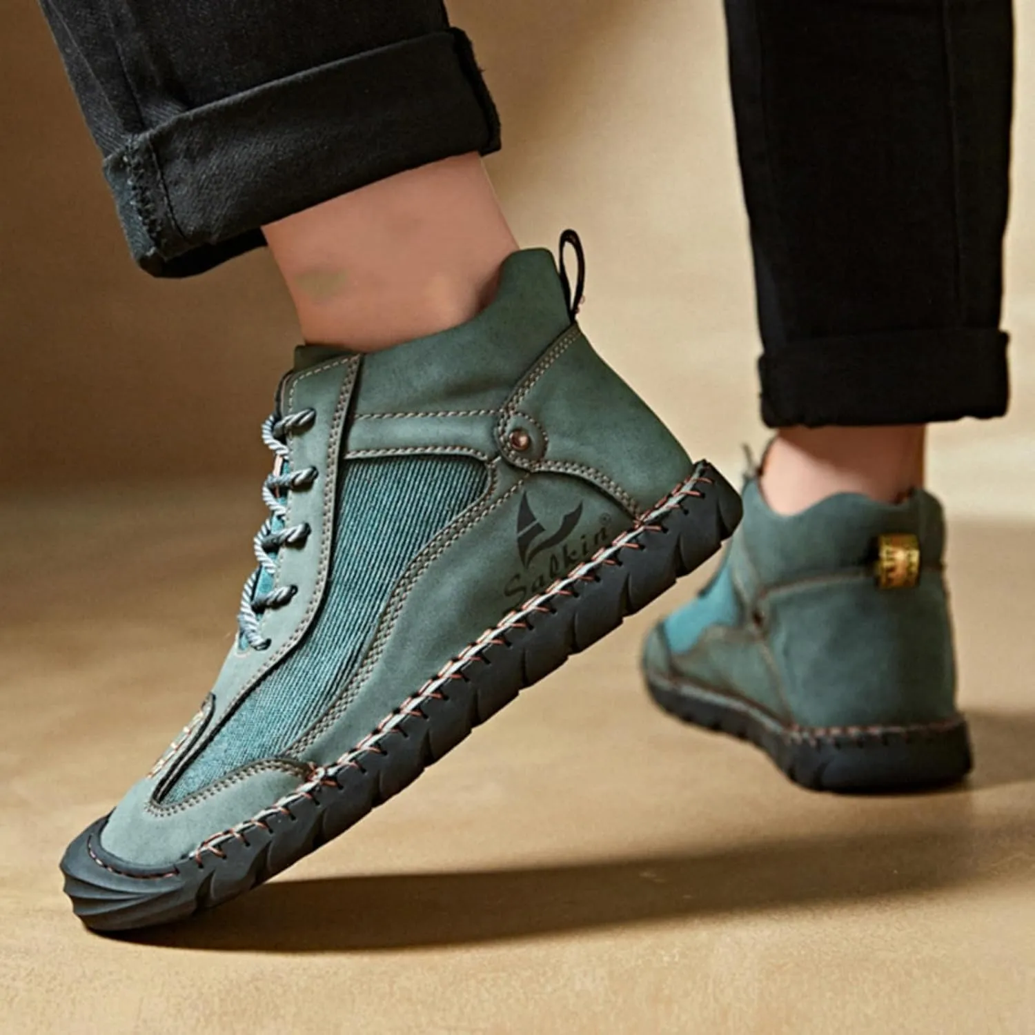 Mens Classic Handmade Leather Lace Up Non Slip Ankle Chukka Boots Casual Lightweight Round Toe High Top Walking Boat Shoes for Driving Daily Hiking