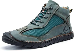 Mens Classic Handmade Leather Lace Up Non Slip Ankle Chukka Boots Casual Lightweight Round Toe High Top Walking Boat Shoes for Driving Daily Hiking