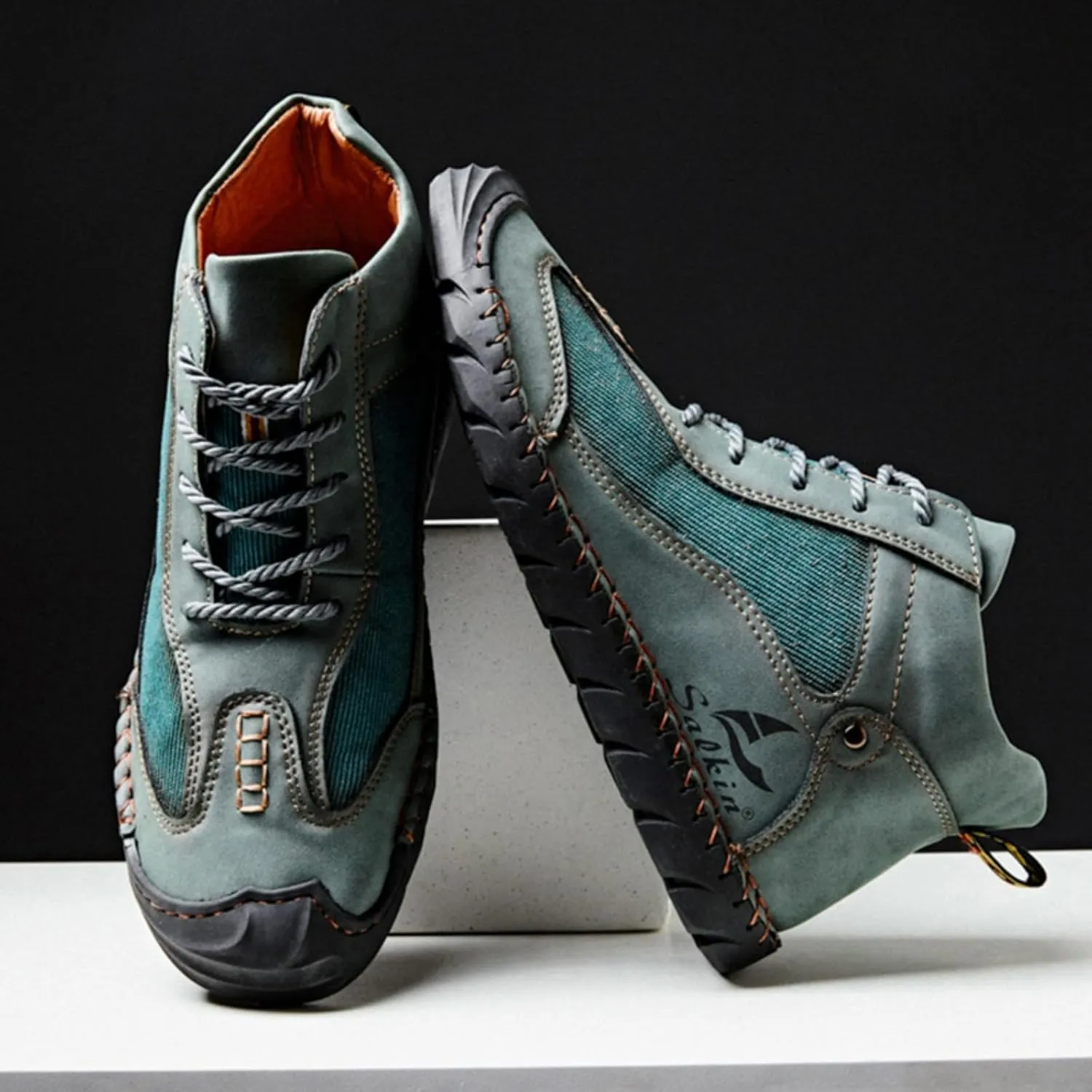 Mens Classic Handmade Leather Lace Up Non Slip Ankle Chukka Boots Casual Lightweight Round Toe High Top Walking Boat Shoes for Driving Daily Hiking