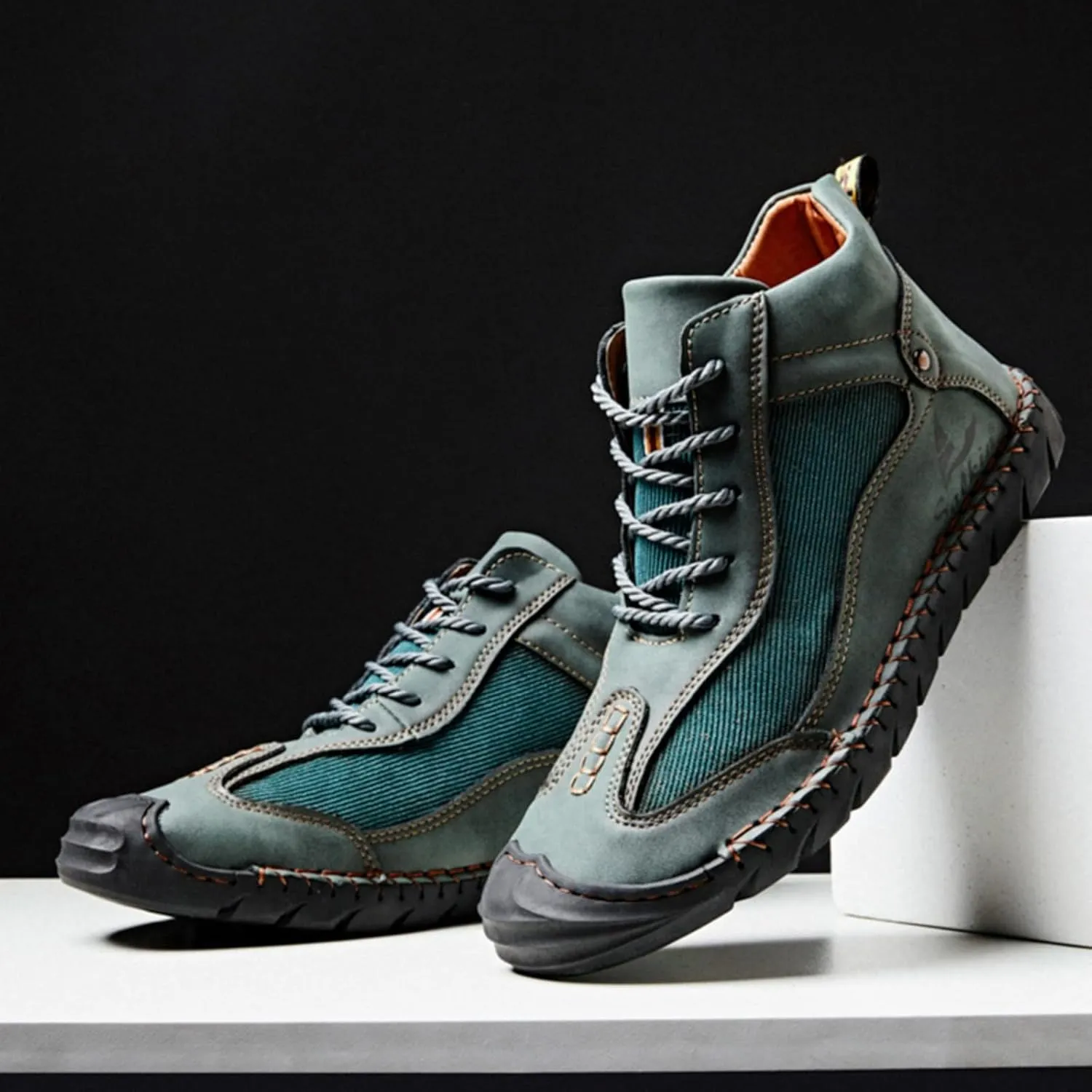 Mens Classic Handmade Leather Lace Up Non Slip Ankle Chukka Boots Casual Lightweight Round Toe High Top Walking Boat Shoes for Driving Daily Hiking