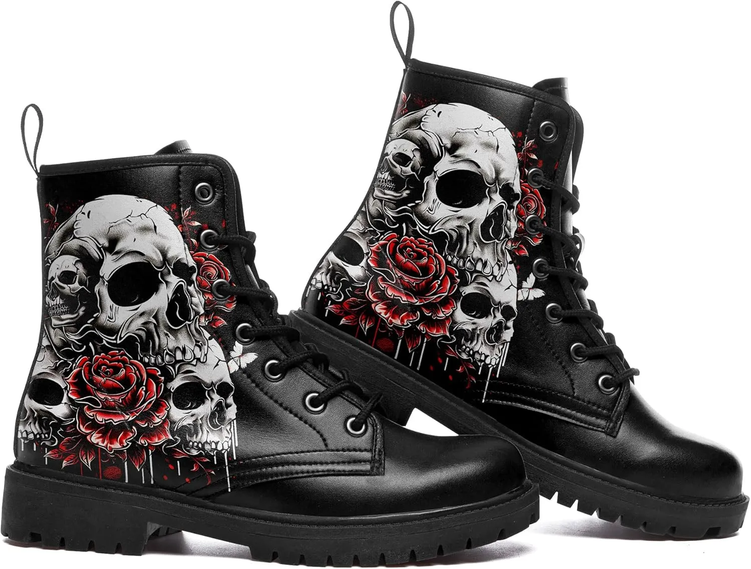 Men's Combat Ankle Boots Skull Rock Lace-Up Motorcycle Booties Goth Water Resistant Leather Work Boot for Women