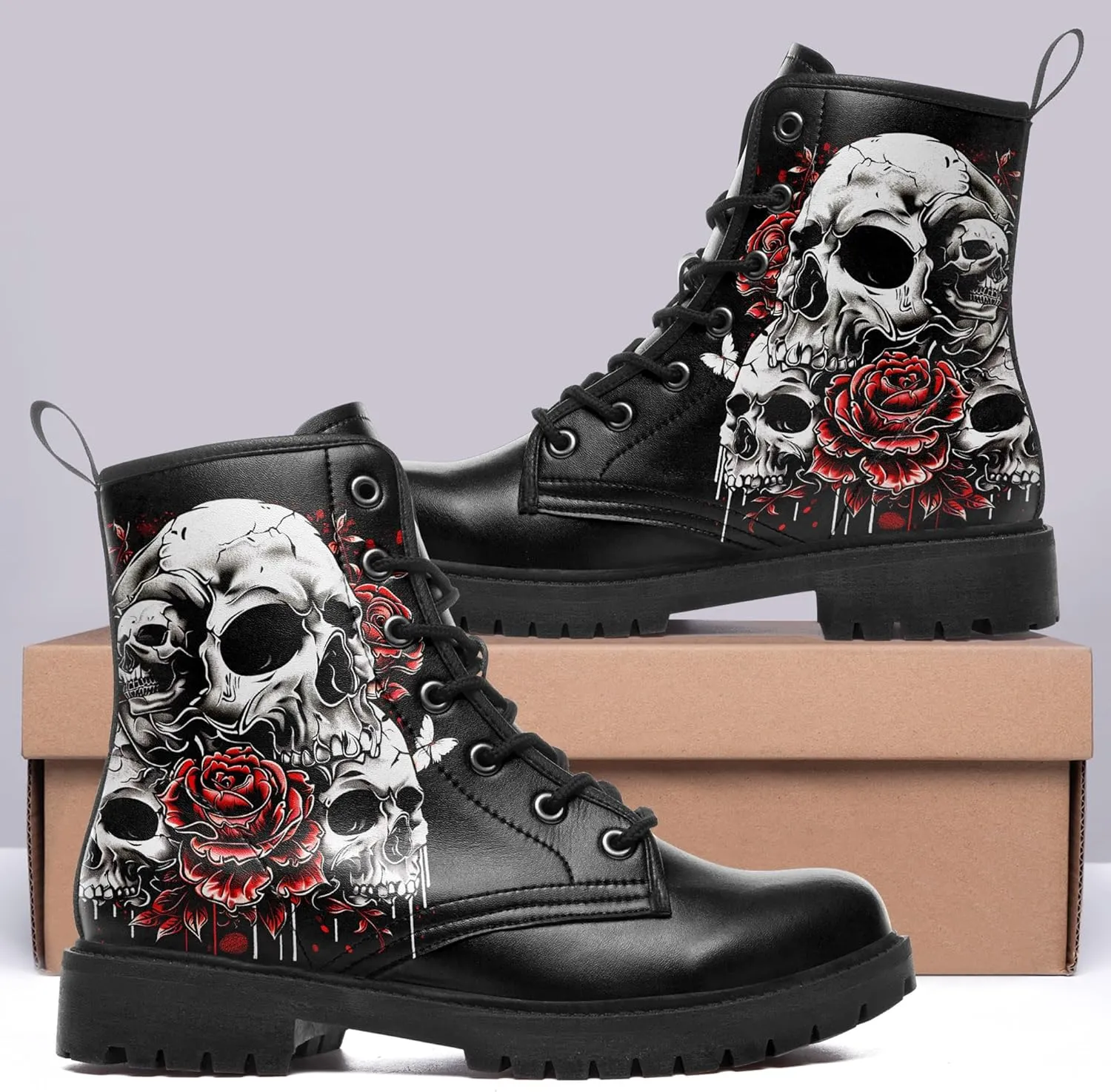 Men's Combat Ankle Boots Skull Rock Lace-Up Motorcycle Booties Goth Water Resistant Leather Work Boot for Women