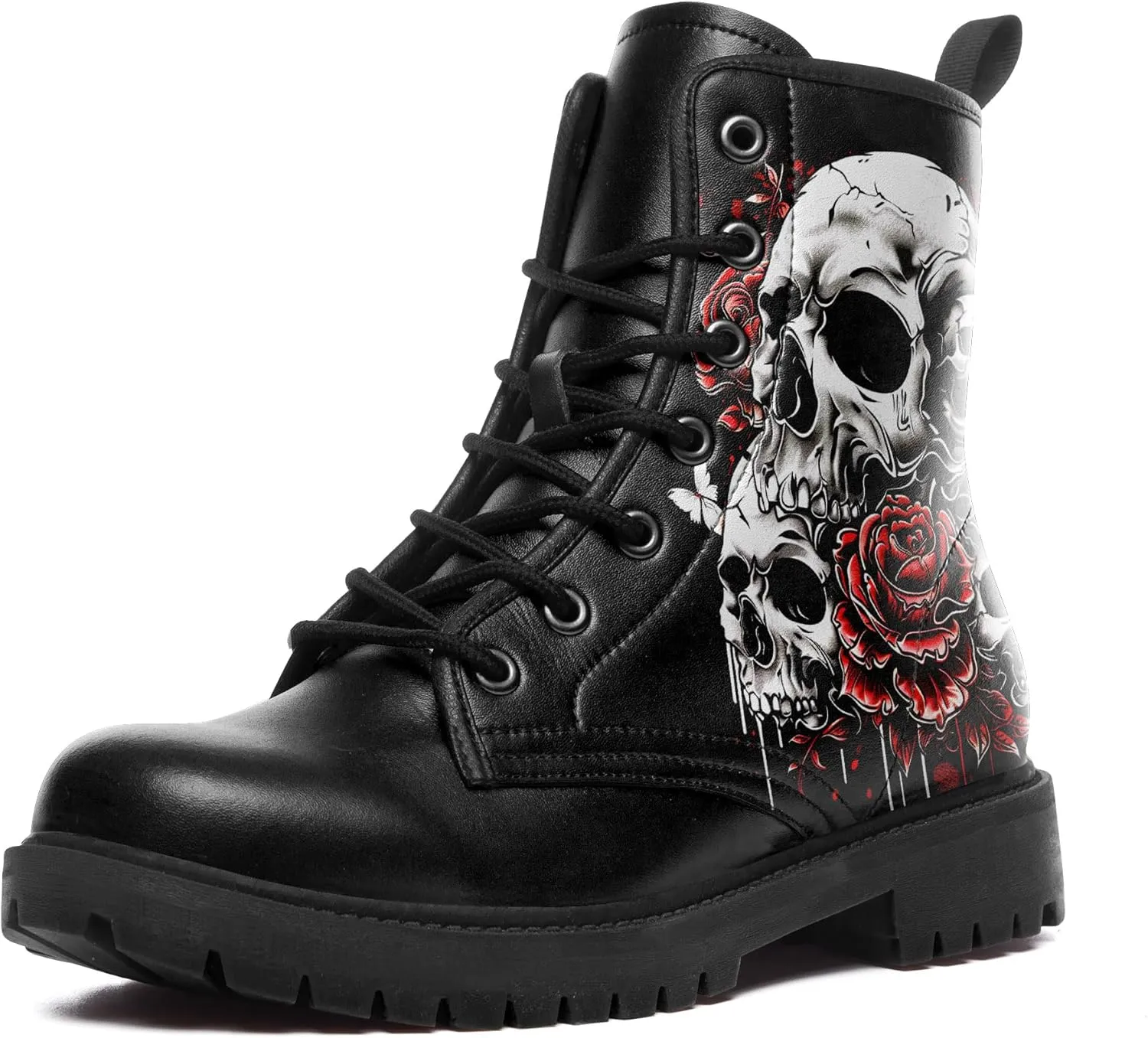 Men's Combat Ankle Boots Skull Rock Lace-Up Motorcycle Booties Goth Water Resistant Leather Work Boot for Women