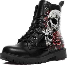 Men's Combat Ankle Boots Skull Rock Lace-Up Motorcycle Booties Goth Water Resistant Leather Work Boot for Women