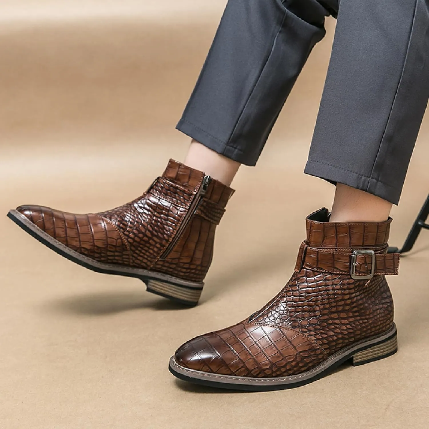 Men's Crocodile Print Leather Chelsea Ankle Boots With Side Zipper Fashion Pointed Toe Ankle Buckle Strap Low Heels Business Dress Booties