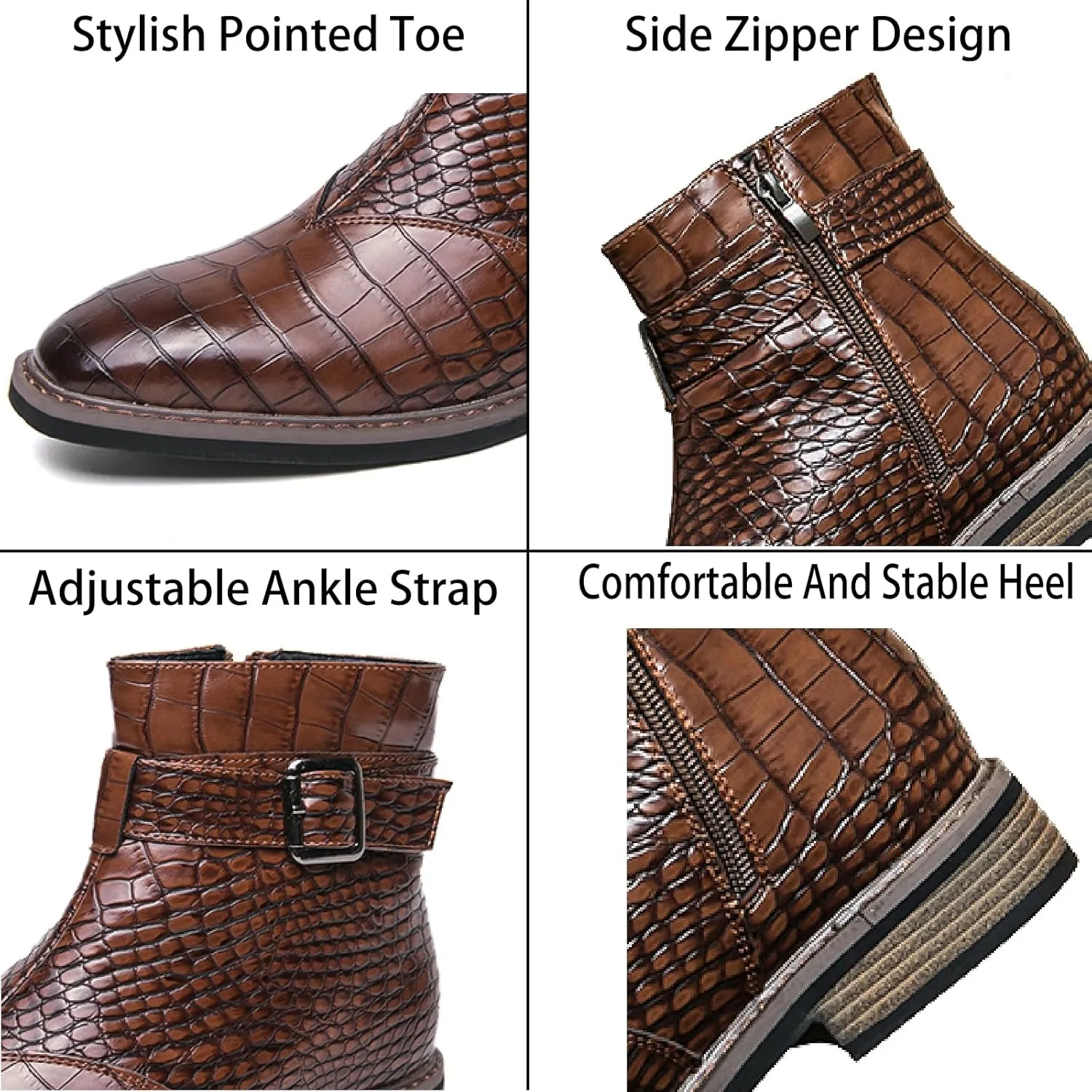 Men's Crocodile Print Leather Chelsea Ankle Boots With Side Zipper Fashion Pointed Toe Ankle Buckle Strap Low Heels Business Dress Booties