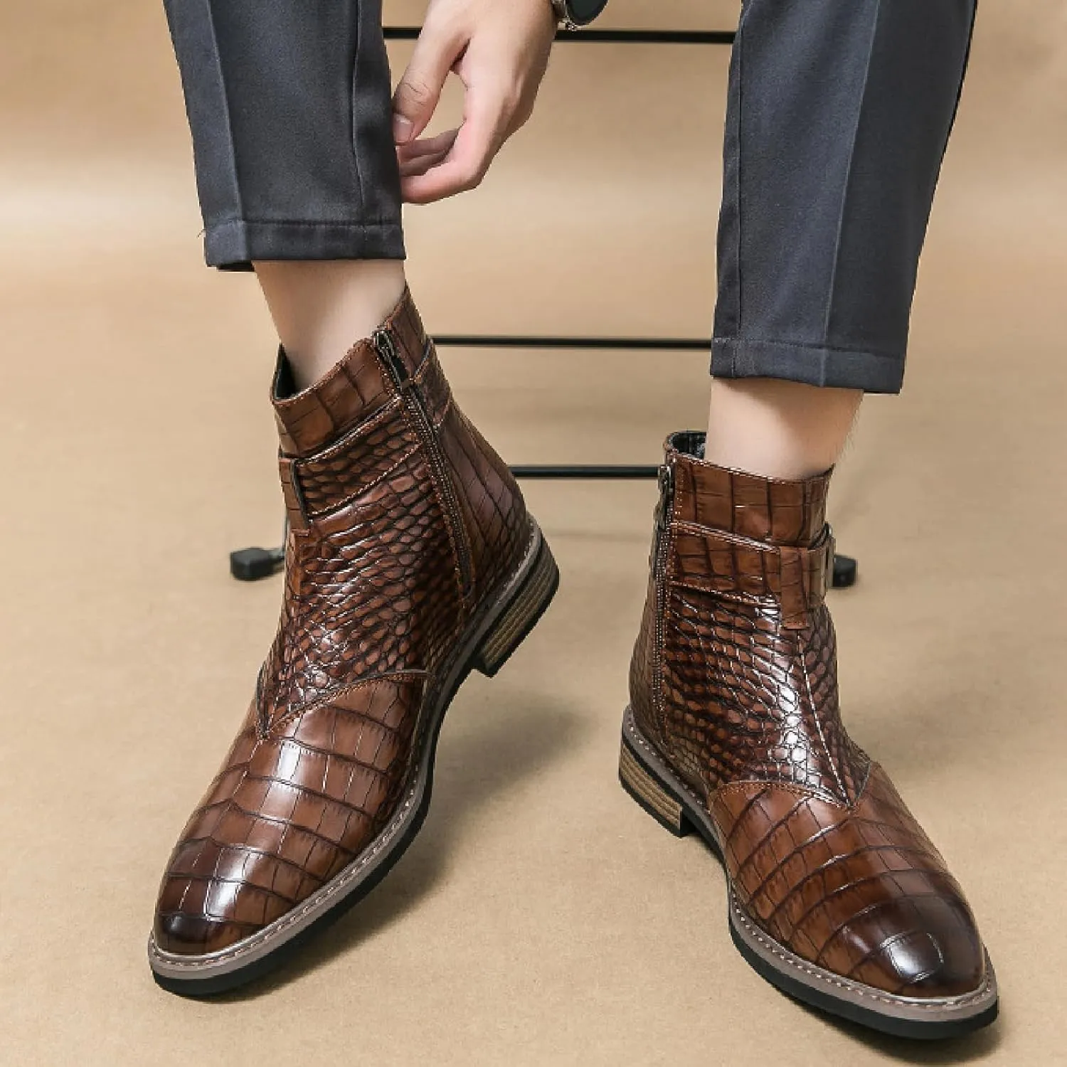 Men's Crocodile Print Leather Chelsea Ankle Boots With Side Zipper Fashion Pointed Toe Ankle Buckle Strap Low Heels Business Dress Booties