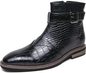Men's Crocodile Print Leather Chelsea Ankle Boots With Side Zipper Fashion Pointed Toe Ankle Buckle Strap Low Heels Business Dress Booties